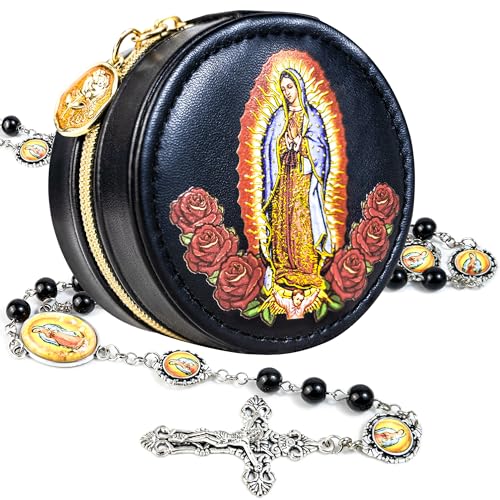 8mm Glass Pearl Catholic Rosary Necklace - Our Lady of Guadalupe Rosary Beads with Prayer Box, First Communion & Baptism Gift for Women and Men (La Rosa de Guadalupe) - color: black