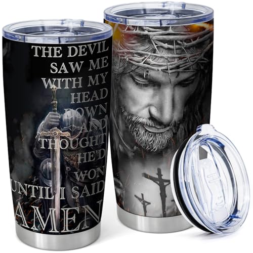 Christian Tumbler for Men,Jesus Christ 20oz Tumbler,The Devil Saw Me - color: grey/Jesus Christ