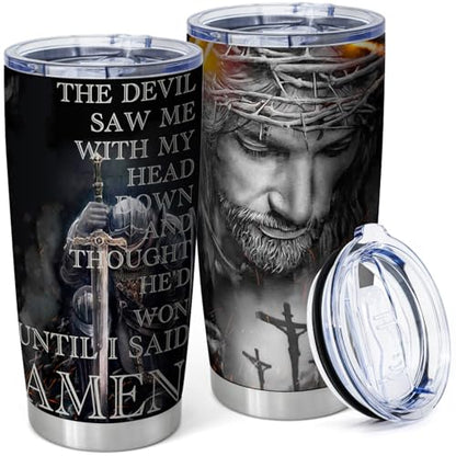 Christian Tumbler for Men,Jesus Christ 20oz Tumbler,The Devil Saw Me - color: grey/Jesus Christ
