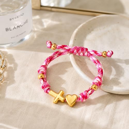 Pink Bracelets for Women Dainty Bubble Heart Cross Knotty Bracelet 14K Gold Plated Handmade Adjustable Rope Bracelets Jewelry Sunmmer Gifts