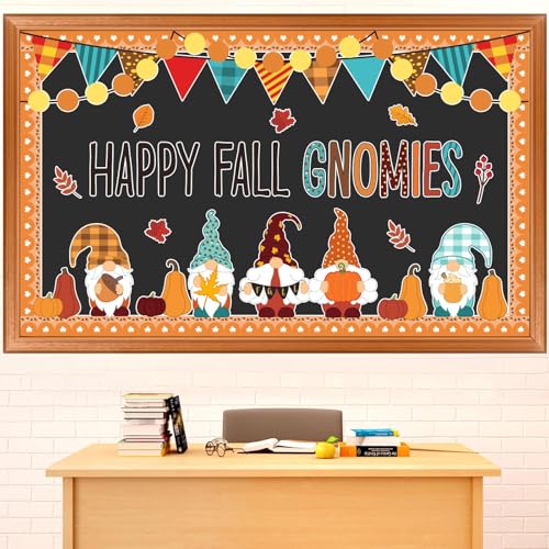 ojustbeok Fall Bulletin Board Decorations Fall Gnomes Bulletin Board Set Maple Leaves Paper Cutouts Autumn Pumpkin Thanksgiving Cutouts for School Classroom Supply Home Wall Decor - style: Fall Gnomes