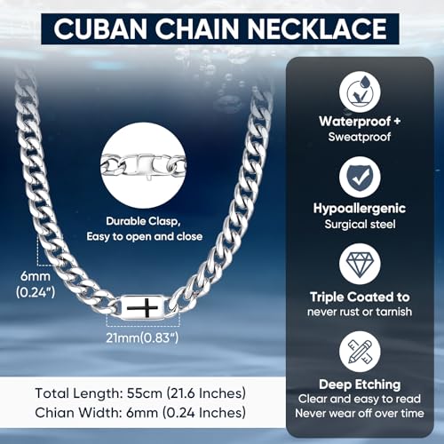 Stainless Steel Cuban Chain Cross Necklace for Mens Curb Link Waterproof - style: Joshua 1:9