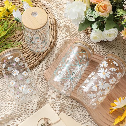 Mumufy 4 Pack Daisy Fresh Glass Cup, 16 oz Tumbler Mug with Bamboo Lid - style: Daisy Fresh
