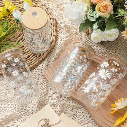 Mumufy 4 Pack Daisy Fresh Glass Cup, 16 oz Tumbler Mug with Bamboo Lid - style: Daisy Fresh