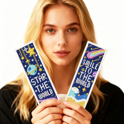 ORIGACH 6 Pcs Space Cross Stitch Bookmark Kit for Beginners - style: Cosmic Space & Inspirational Quotes