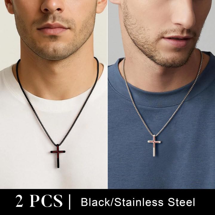 Yoosteel Baseball Cross Necklaces for Boys Kids,2 Pcs Necklace Jewelry Gift - color: 20 inch 2 Pcs Black+Silver-Plated