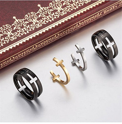 Men's Stainless Steel 8MM Bible Verse Christian Purity Cross Ring Band 1 Timothy 4:12 - color: Black Silver