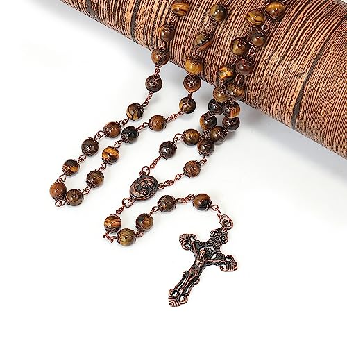 Nazareth Store Natural Stone Beads 8mm Rosary Necklace Antique Copper Design Holy Soil Medal & Cross in Velvet Bag - Catholic Rosaries Terra Santa Jerusalem Collection - color: Tiger Eye