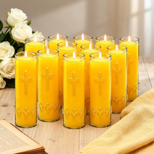 12-Pack Pure Beeswax Prayer Candles with Blown Glass Holders | Honey-Scented Smokeless Long-Burning Yellow Catholic Candles for Prayer, Church, Religious Vigil & Memorial - color: Yellow, size: 12