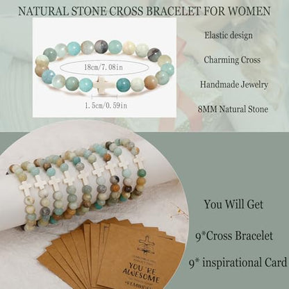 COLOYAN 9Pcs Cross Natural Stone Beaded Stretch Bracelets for Women - color: B-amazonite