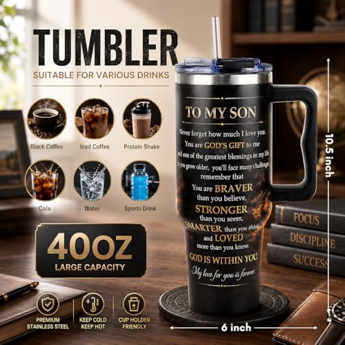 To My Son Gifts from Mom, Fathers Day Gift For Son, Graduation Birthday Gifts For Son, 40 Oz Coffee Tumbler With Handle, Adult Son Coffee Mug, Christian Lion Cross - color: Gifts for Son