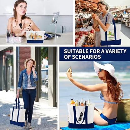 2-Pack Canvas Tote Bags and Makeup Bags, Cotton Zipper Bag, Navy Blue - color: Navy Blue/White
