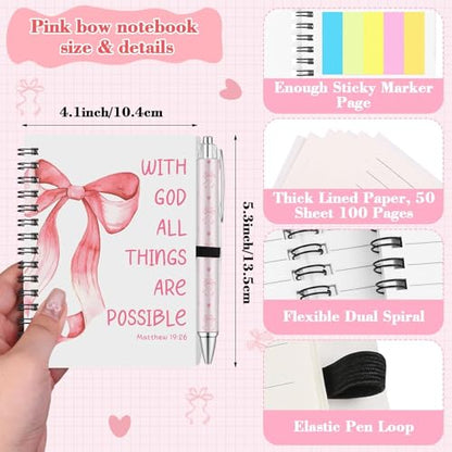 16 Pcs Christian Coquette Pink Bow Spiral Notebooks Bible Verse Ballpoint Pens Religions Cute Aesthetic Journals Notepad Retractable Pen for Office Supplies