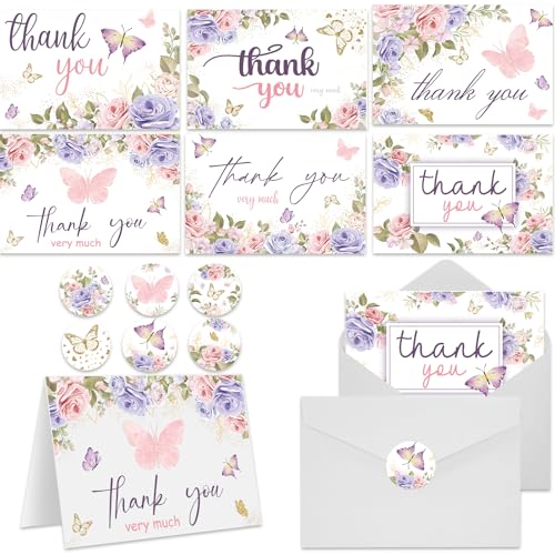 60 Pieces Butterfly Floral Baby Shower Thank You Cards,Purple Thank You Cards Includes 30 Pieces Envelopes and 30 Pieces Blank Butterfly Cards with Stickers for Wedding Baby Shower Graduation Bridal - color: butterfly