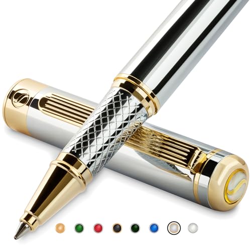 Scriveiner Silver Chrome Rollerball Pen - Stunning Luxury Pen, Real Gold Plating, Schmidt Ink Refill, Best Roller Ball Pen Gift Set for Men & Women, Professional, Executive Office, Fancy Pens - color: 10. Silver Chrome with Gold