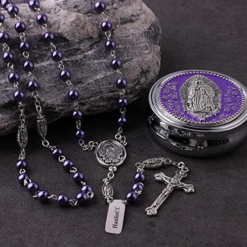 HanlinCC Guadalupe Catholic Rosary Glass Pearl Beads Necklace with Gift Box - color: Guadalupe Rosary Purple