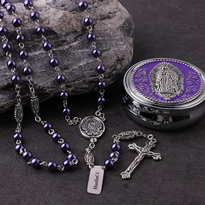 HanlinCC Guadalupe Catholic Rosary Glass Pearl Beads Necklace with Gift Box - color: Guadalupe Rosary Purple