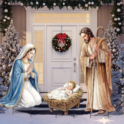 Shimeyao 3 Pcs Metal Christmas Outdoor Nativity Scene Set 54.3 Inch Large Christmas Holy Family Nativity Scene Decorations Includes Stakes Jesus Joseph Mary for Xmas Holiday Garden Decor - style: Classic