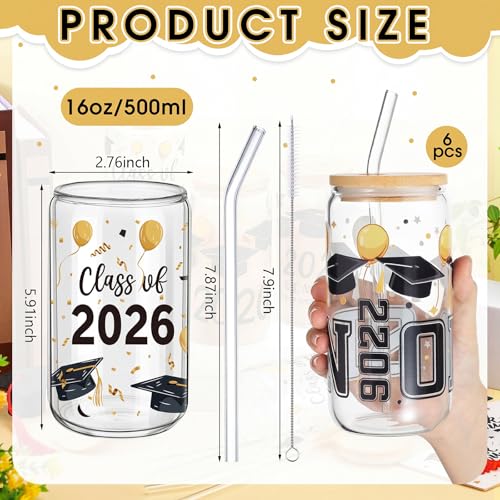 SiliFine 6 Pcs Graduation Glass Cups, 16 oz with Lids and Straws - style: Graduation