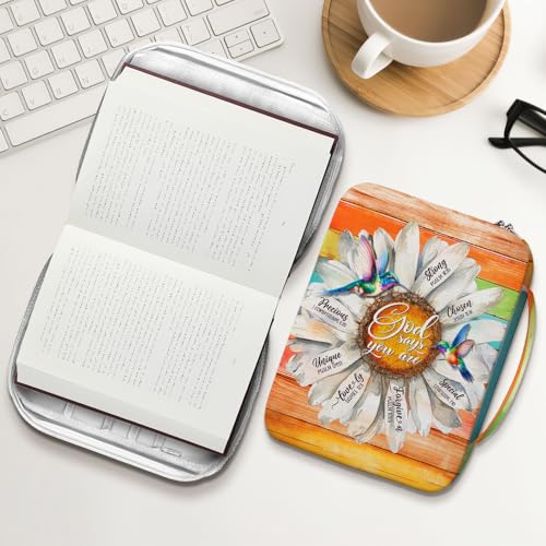 God Says You Are Bible Cover for Women with Handle and Zipper Pocket, Inspirational Canvas Bible Case with Hummingbird and Daisy Design, Fits Standard Size Bible, Christian Gift for Girls - color: Faith Accessories Z1