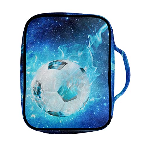 Coldinair Blue Starry Soccer Print Bible Cover for Men Teens Kids Boys,Galaxy Soccer Carrying Book Case Church Bag Bible Bag with Handle and Zippered Pockets - color: Blue Starry Soccer
