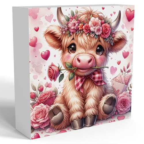 Valentines Day Decorations, Valentines Decor, Pink Valentine's Table Decor, Highland Cow Valentine's Gifts for Boyfriend Girlfriend, Highland Cow Decoration Gifts, Office Home Wooden Decoration Sign - color: Valentines Highland Cow-2