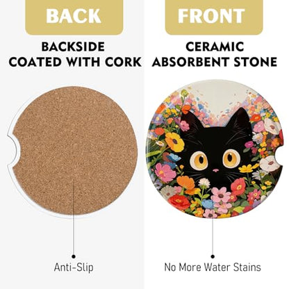 2 Pack Car Coasters for Cup Holders, Cute Car Accessories Interior - color: Cat