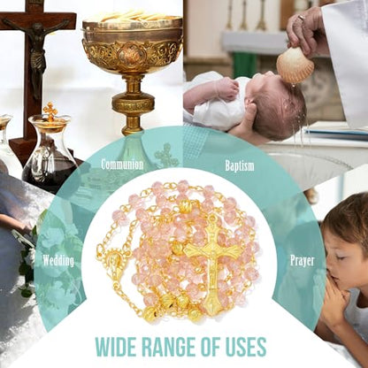 KOMI Crystal Rosary Beads with Jesus Crucifix, Catholic Necklace for Women First Communion Rosarios Wedding Rosary with Velvet Bag - style: 6MM-Pink-2