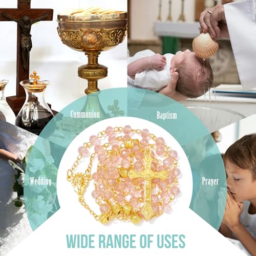 KOMI Crystal Rosary Beads with Jesus Crucifix, Catholic Necklace for Women First Communion Rosarios Wedding Rosary with Velvet Bag - style: 6MM-Pink-2