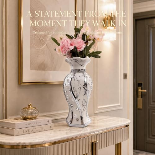 Silver Ceramic Flower Vase with Rhinestone Accents - style: 30cm Sliver--Beads