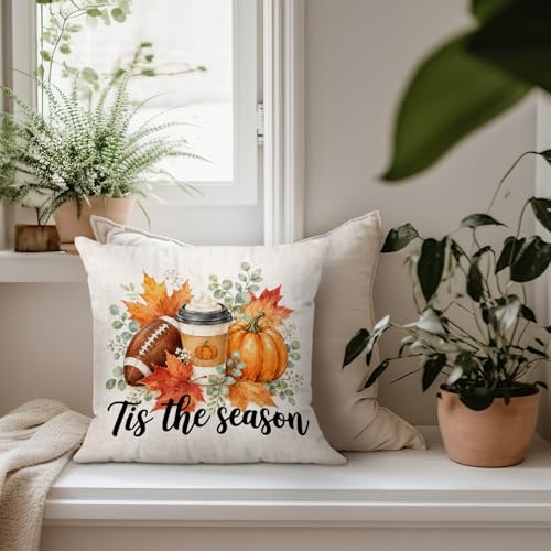 Vintage Fall Football Coffee Pumpkin Throw Pillow Covers 18x18 - color: Football