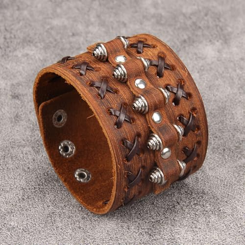 GelConnie Punk Leather Cuff Bracelet Adjustable Straps Wrap Bracelets Arm Armor Cuff Gothic Leather Wristbands for Men, Women - color: MLPB103-Brown