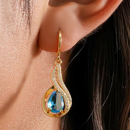 18K Gold Plated, Dangle Earrings for Women, Flower/Heart Drop earrings, Hypoallergenic Cubic Zirconia Earrings, Lightweight, Party, gold earrings, Jewelry for Gifts, Fashion - style: 0833-Blue