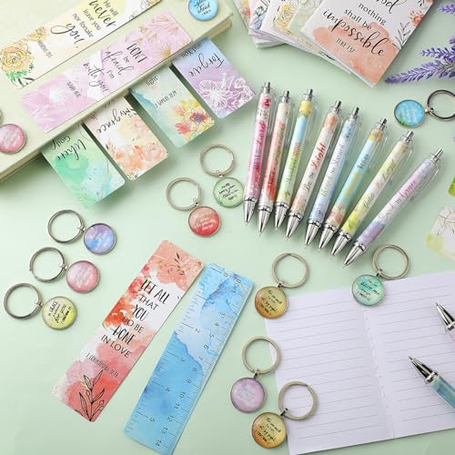 Jetec 150 Bible Verses Gift Set for 30 Christian Bookmarks 30 Scripture Ballpoint Pens 30 Christian Notebooks 30 Bible Verse Keychain 30 White Organza Bags for Women Men Office Church(Fresh) - style: Fresh