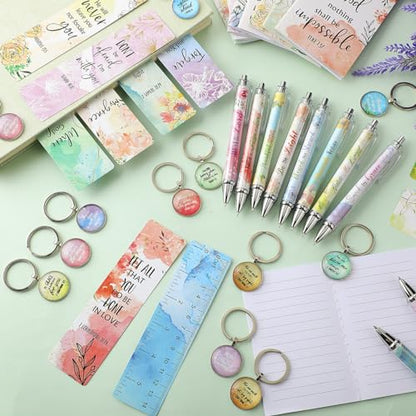 Jetec 150 Bible Verses Gift Set for 30 Christian Bookmarks 30 Scripture Ballpoint Pens 30 Christian Notebooks 30 Bible Verse Keychain 30 White Organza Bags for Women Men Office Church(Fresh) - style: Fresh