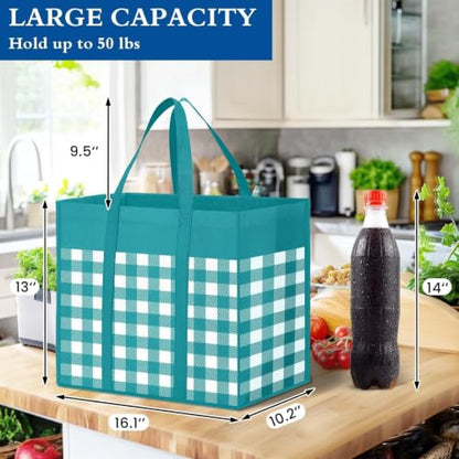Reusable Grocery Shopping Bags 10 Pack Large Foldable Tote Bags Bulk - color: Plaid: Black,black,cyan,grey,blue