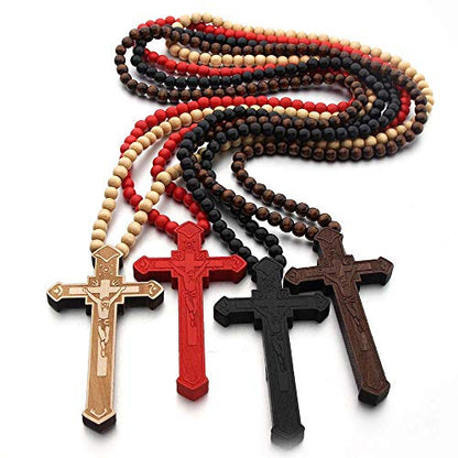 DATOA Religious Wooden Cross Large Big Jesus Crucifix Pendant Natural Wood Natural Rosary Colorful Beads Chain Necklace Christian Prayer Baptism Jewelry Easter Gift For Men Women - color: Yellow