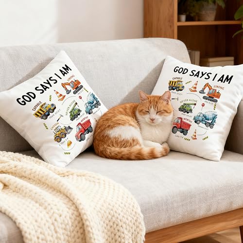 Construction Christian Pillow Cover 18x18, Christian Nursery Decor, God Says I Am Bible Verse Religious Decorative Throw Pillow Cover for Toddler Boys Kids Room Nursery Playroom - color: Color-09