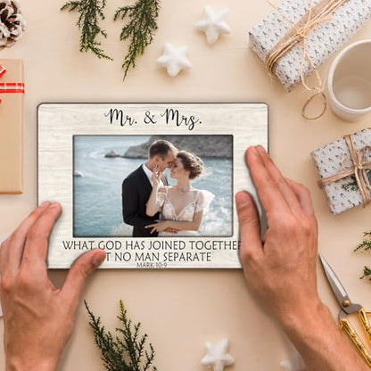 Christian Wedding Picture Frame 4x6, Mr and Mrs Mark 10:9 Bible Verse Photo Frame, Christian Wedding Gifts for the Couple, Just Married Gifts