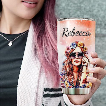 WAZONE Personalized Hippie Gypsy Soul Van Tumbler Cup 20oz 30oz Custom Name Flower Travel Mug Sayings Funny Gifts Birthday Christmas For Girl Women Friends Stainless Steel Insulated - color: Hippie