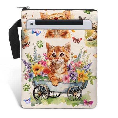 Book Sleeve Gift for Book Lovers. Cover With Zipper and Front Pocket. Washable Fabric 11 X 8.5 Inch Padded Bag. Cat Flower Garden. - color: 4. Cat Flower Garden