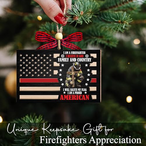 American Flag Firefighter Ornament 2025-2 Layer Wooden Firefighter Ornaments for Christmas Tree - Firefighters Christmas Hanging Decor - Firefighter Gifts for Men Woman Christian - Fireman Ornament