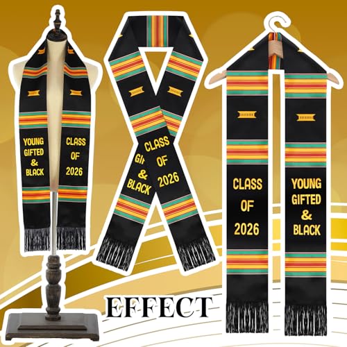 Geyoga Graduation Stole Kente Stole Black Authentic African Art 72" x 4.8" for Adult College Unisex Grads Celebrate - style: Young Gifted & Black