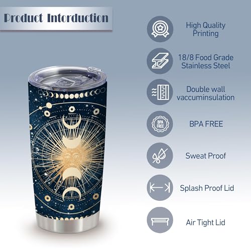 20oz Celestial Astrology Moon Phase Witchy Stainless Steel Tumbler with Lid - color: Astrology Tarot Cards Blue-white