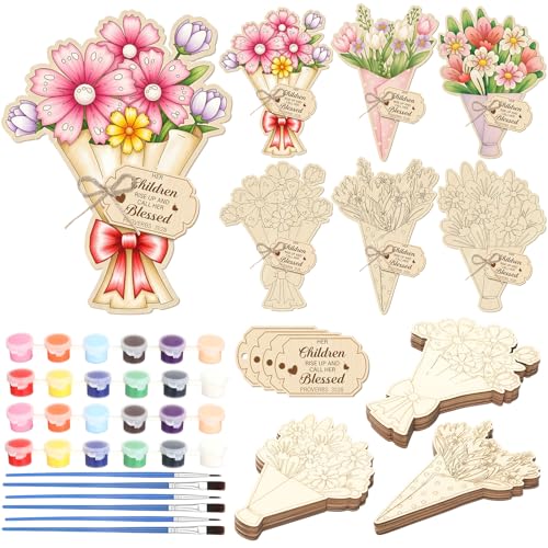 Hollowfly 24 Sets Religious Mother's Day Crafts Color Your Own Wooden Flower Cards Sign with Paint Pots & Brushes DIY Mother's Day Christian Gift for Church Sunday School Classroom Activities