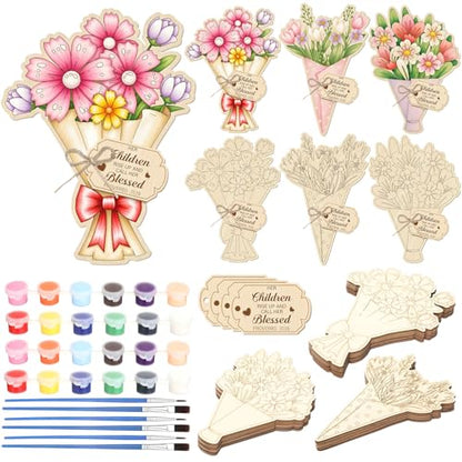 Hollowfly 24 Sets Religious Mother's Day Crafts Color Your Own Wooden Flower Cards Sign with Paint Pots & Brushes DIY Mother's Day Christian Gift for Church Sunday School Classroom Activities