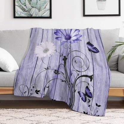 Daisy Throw Blanket, Rustic Purple Daisy Butterfly Flannel Blanket 60"×80" - color: Daisy 03, size: 60x80 inch