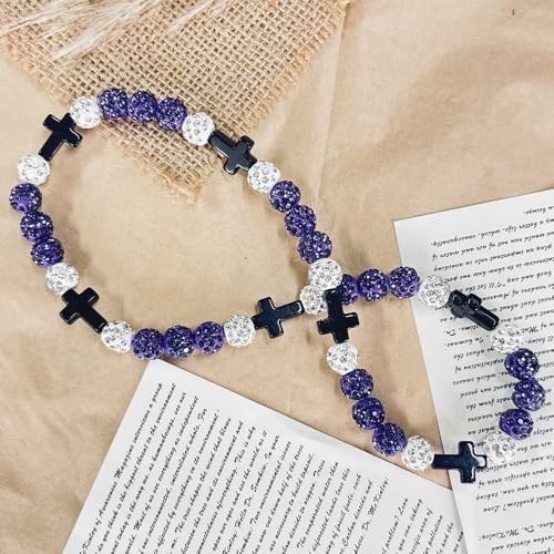 Baseball Bead Cross Necklace for Boys Kids, Elastic Rhinestone Bling Necklace Drip Gifts for Teens Players - color: Black Cross/Purple/White