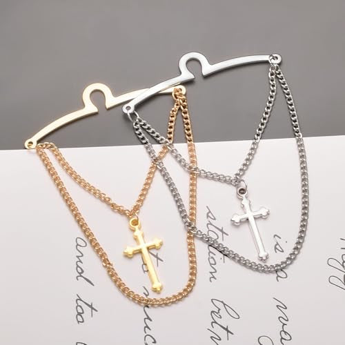 2Pcs Tie Chain for Men Classic with Double Single Gold Silver Elegant Chain Tie Cilp - color: cloud cross double chain silver
