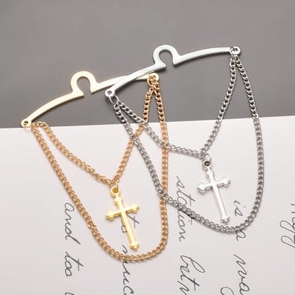 2Pcs Tie Chain for Men Classic with Double Single Gold Silver Elegant Chain Tie Cilp - color: cloud cross double chain silver